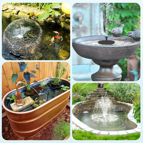 Solar Pond Fountain Pump 5.5W With Double Layer Nozzles Dry Run Protection 5 Ft Tubing installed in various garden settings.
