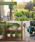 50Ft Solar Automatic Drip Irrigation Kit With USB Charging watering garden and indoor plants using solar and USB modes.
