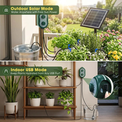 50Ft Solar Automatic Drip Irrigation Kit With USB Charging watering garden and indoor plants using solar and USB modes.