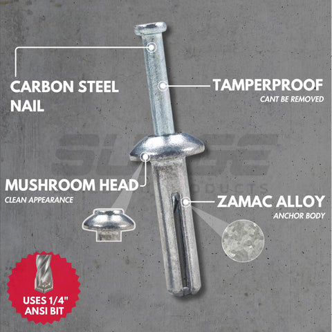 One Quarter By One Quarter Inch Hammer Drive Concrete Anchor Nail 100 Per Box For Concrete Block And Brick With Mushroom Head Fasteners Carbon Steel Nail And Zamac Alloy Body Corrosion Resistant Tamper Proof Light Duty Fastening, showing labeled components.