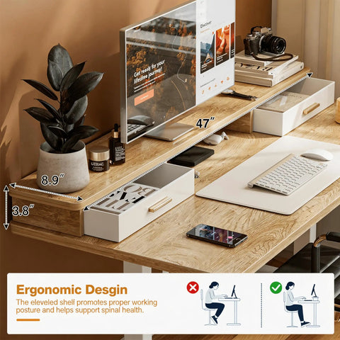 Electric Standing Desk With Two Drawers Sit To Stand Height Adjustable Computer Desk With Storage Shelf 47 By 24 Inch Oak Finish for Home Office, showing drawers and shelf.