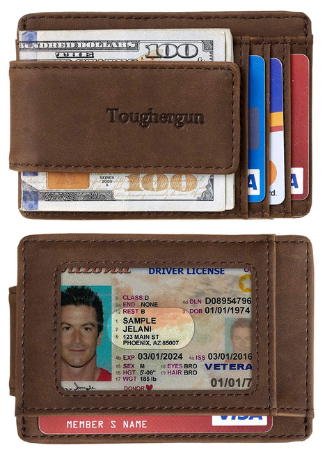 Ultra Slim Wallet For Men With RFID Blocking 13.56 MHz, Coffee color, front pocket clip with cards, cash, and ID window visible