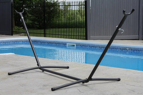Universal Space Saving Steel Hammock Stand 9 Foot Charcoal Color, Tool Free Assembly by a poolside, no hammock attached
