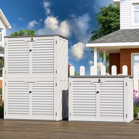 65 Cu Ft Outdoor Storage Shed With Lockable Doors, All Weather Resin Cabinet With Floor in a garden setting