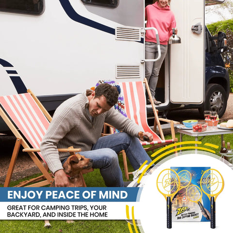 Man and dog relaxing outside a camper with High Voltage Bug Zapper Racket With 3500 Volt Grid Battery Powered Two Pack Includes Two AAs Instant Mosquito And Fly Elimination Portable Indoor Outdoor Bug Catcher Safe Easy Push Button Activation displayed in corner.