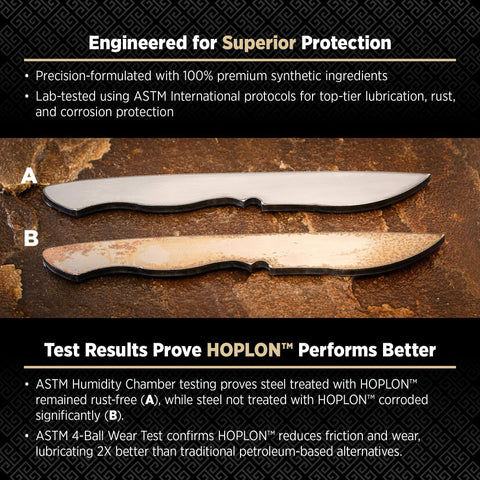 Comparison of two steel blades, one treated with HOPLON shown rust-free, the other corroded, highlighting protection effects.