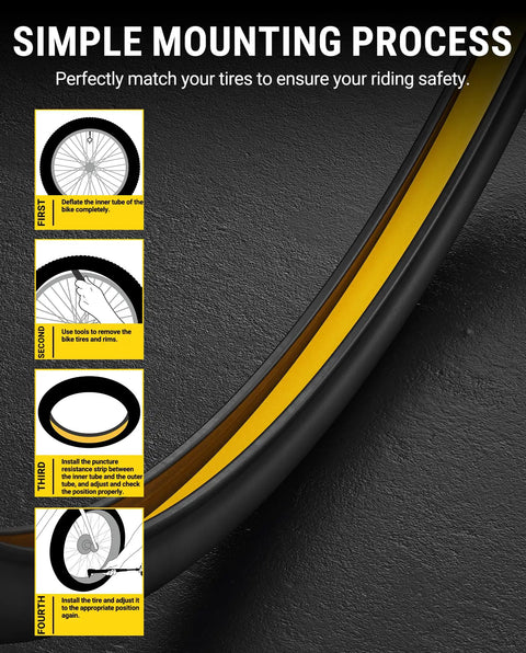 Two Pack Road Bike Tire Liner For Flat Protection installation guide showing step-by-step mounting on a wheel
