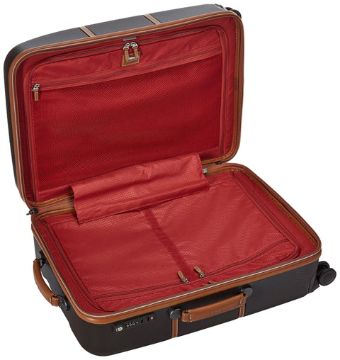 DELSEY PARIS Chatelet Hard+ luggage, 24-inch, chocolate brown, opened to red interior with divider and mesh pocket