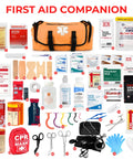 Orange EMT trauma bag with Star of Life and tourniquet, chest seals, gauze.