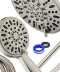 Close-up of High Pressure Shower Spa Kit With 48 Modes 3 Way Diverter and all chrome finish rain and handheld shower heads