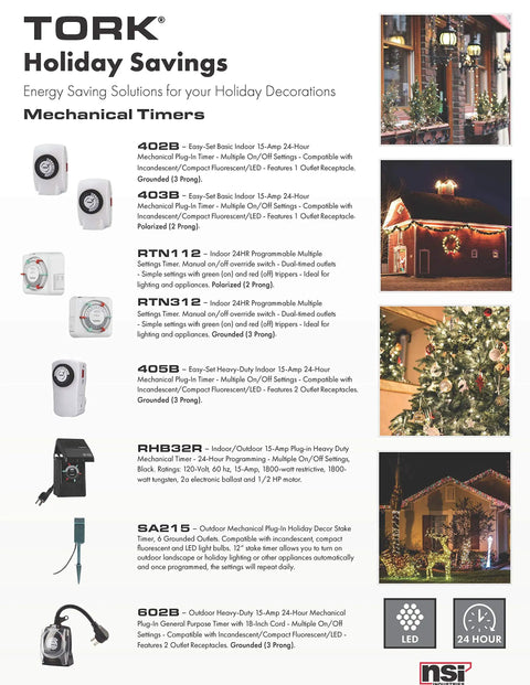 TORK Heavy Duty Plug In Mechanical Timer 15 Amp Dual Receptacle 24 Hour Cycle Control for indoor outdoor use.