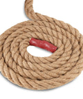 Coiled Natural Jute Manila Rope 4 Strand Twisted Hemp Fiber, heavy duty 1.25 inch by 98 feet, with red grip detail.