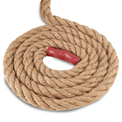 Coiled Natural Jute Manila Rope 4 Strand Twisted Hemp Fiber, heavy duty 1.25 inch by 98 feet, with red grip detail.
