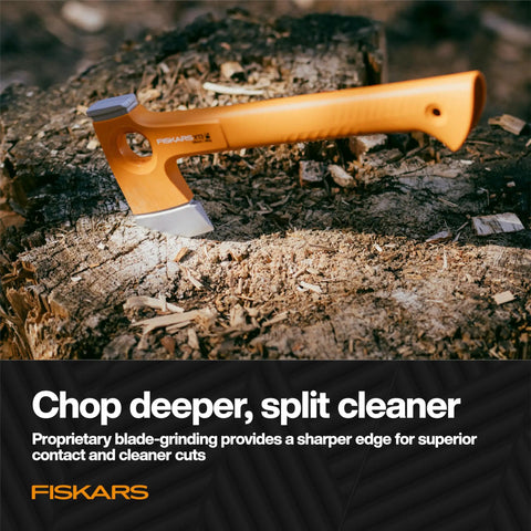 Ultralight Hiking Axe 13 Inch With 15 Percent Lighter FiberComp Handle And Ultra Sharp Forged Steel Blade displayed on wood