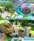 3.5W Solar Fountain Pump Kit with all glass panel and anti-drift rods in bird bath and garden, showcasing solar panel and water spray