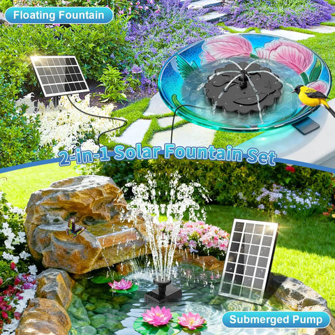 3.5W Solar Fountain Pump Kit with all glass panel and anti-drift rods in bird bath and garden, showcasing solar panel and water spray