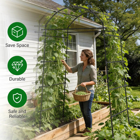 Person beside heavy duty garden arch trellis for climbing plants with adjustable width sturdy metal plant support in garden