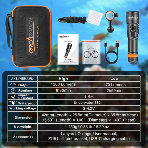 Lit Underwater Video Light 1200 Lumens 6500K With 120 Degree Wide Beam IP68 Waterproof To 150m Dual Modes ZJ18 Ball Joint