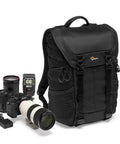 ProTactic BP 300 AW II Mirrorless And DSLR Backpack with camera gear and QuickShelf system, black, next to Sony Alpha A9