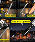 Right Angle Offset Extension Wrench Set For Tight Spots With Socket Adapters For Drills And Impact Wrenches, Ratchets And Manual Tools, Automotive Repair Kit That Reaches Behind Engines, Plumbing And Machinery, shown with electric wrench, manual wrench, and air impact wrench.