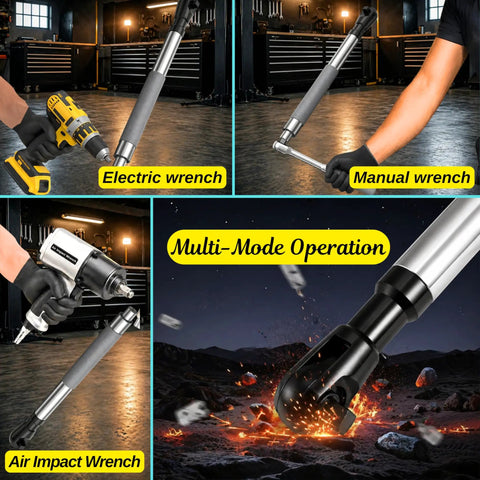 Right Angle Offset Extension Wrench Set For Tight Spots With Socket Adapters For Drills And Impact Wrenches, Ratchets And Manual Tools, Automotive Repair Kit That Reaches Behind Engines, Plumbing And Machinery, shown with electric wrench, manual wrench, and air impact wrench.
