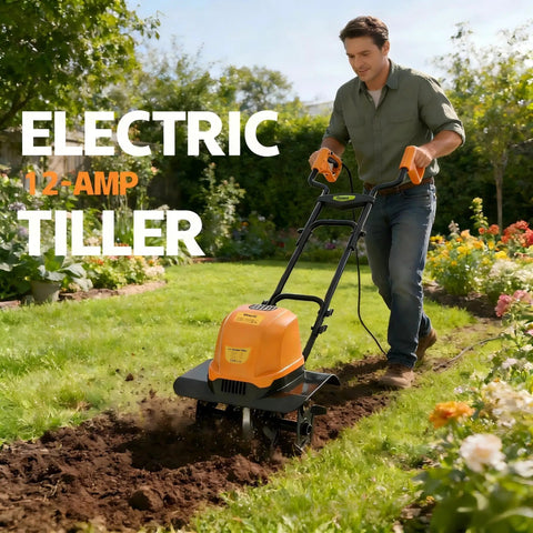 Person using Beast Corded Garden Tiller Cultivator with Foldable Handle 14 Inch 12 Amp Motor Four Steel Tines in a garden