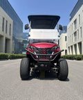 Front view of Top Tier Four Seater Electric Golf Cart Built With A Solid Front Bumper And Aggressive Off Road Tires Including HD LED Smart Dashboard.