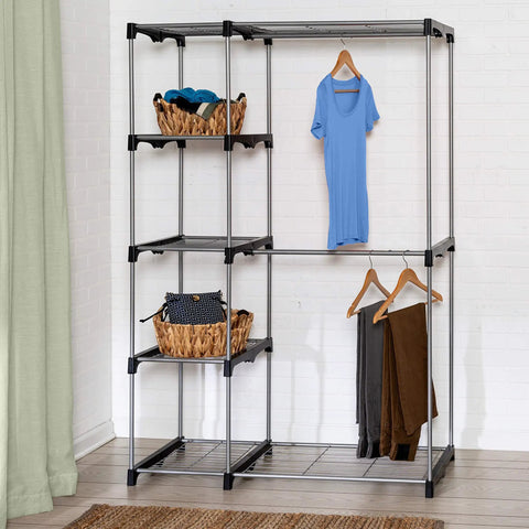 Double Rod Freestanding Closet Organizer with Four Tier Shelves, portable steel and plastic wardrobe tower, clothes hanging, 68-inch tall
