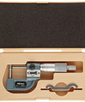 Tube Micrometer With Ratchet Stop For Consistent Wall Thickness Checks On Tubing, 0-1 Inch Range, 0.0001 Inch Resolution, Cylindrical Anvil, Carbide Tipped Spherical Flat And Spherical Faces, Digit Counter, 210g in case