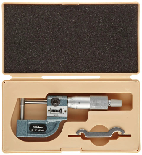Tube Micrometer With Ratchet Stop For Consistent Wall Thickness Checks On Tubing, 0-1 Inch Range, 0.0001 Inch Resolution, Cylindrical Anvil, Carbide Tipped Spherical Flat And Spherical Faces, Digit Counter, 210g in case