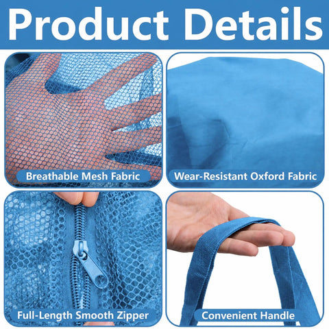 Product details of Blue Oxford Mesh Pool Noodle Storage Bag With Zipper Grab And Go Portable Swim Toy Organizer showing mesh, fabric, zipper and handle