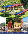 Flag Themed Picnic Table Cover With Bench Covers Set Wood Grain Look Waterproof Windproof No Hassle Outdoor Tablecloth Fitted For 72 Inch Tables And 12 Inch Benches Three Piece Kit Red on a wooden table and benches in a garden