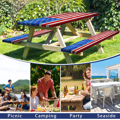 Flag Themed Picnic Table Cover With Bench Covers Set Wood Grain Look Waterproof Windproof No Hassle Outdoor Tablecloth Fitted For 72 Inch Tables And 12 Inch Benches Three Piece Kit Red on a wooden table and benches in a garden