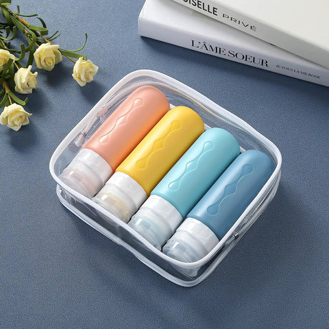 Leak Proof TSA Approved Travel Bottles Set For Toiletries Refillable Containers in silicone with clear carry pouch