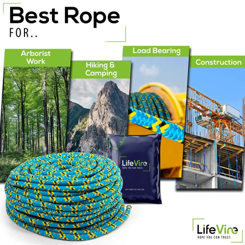 Tree Rope Bull Rope Static Rope Double Braided 16 Strand Half Inch Diameter 150 Foot Length 18 KN Load Capacity Pro Grade Climbing Rope For Tree Work Blue Black Yellow shown with climbing and construction backgrounds.