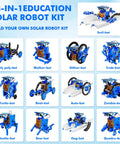 Educational DIY Solar Powered 13 In 1 Robot Kit For Kids 8 Plus with images of 13 different solar robots to build and learn coding.