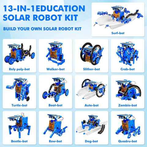 Educational DIY Solar Powered 13 In 1 Robot Kit For Kids 8 Plus with images of 13 different solar robots to build and learn coding.