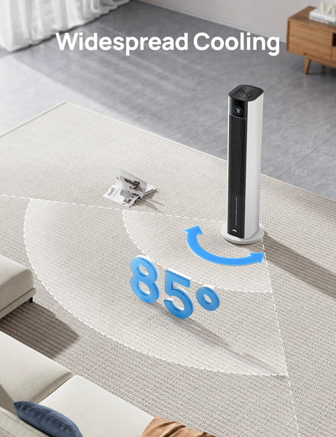 Bedroom Tower Fan With Evaporative Cooling, 43 Inch Upgraded 2025 Model shown on carpet with 85 degree oscillation effect.