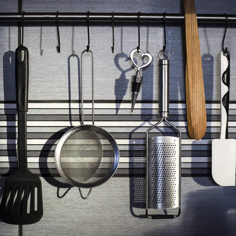 30 Pack Heavy Duty Black S Hooks 3.5 Inch Large S Shaped Metal Hanging Hooks For Kitchen Utensils Pots Pans Towels Bags Jeans Plants And More Carbon Steel Durable Organization Gear used to hang kitchen utensils on a rack.