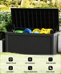 Big Ol 320 Gallon Resin Deck Box Waterproof Outdoor Storage Chest With Lockable Lid UV Resistant For Patio Furniture Pool Accessories Garden Tools Cushions And More In Black open with garden tools visible