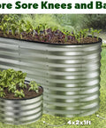 Galvanized Raised Garden Bed Kit 4 By 2 By 2 Feet Outdoor Planter For Vegetables And Flowers Large Silver Metal Garden Box With Durable Build And No Fuss Assembly For Quick Setup And Long Lasting Garden Fun, shown in garden with plants, two sizes visible.