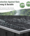 Rainwater flowing off 5.8x3.3 Ft Outdoor Storage Shed With Steel Frame Galvanized Metal Construction Lid Chain Hydraulic Gas Rod Double Doors With Safety Bolt Black Finish Weatherproof Backyard Storage For Lawn Tools Bikes Toys Garbage Bins Yard Gear roof