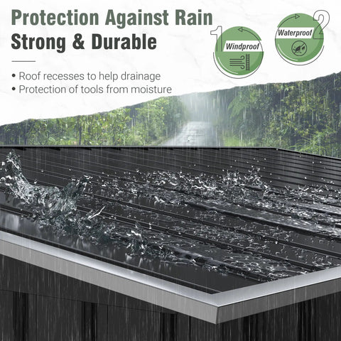 Rainwater flowing off 5.8x3.3 Ft Outdoor Storage Shed With Steel Frame Galvanized Metal Construction Lid Chain Hydraulic Gas Rod Double Doors With Safety Bolt Black Finish Weatherproof Backyard Storage For Lawn Tools Bikes Toys Garbage Bins Yard Gear roof