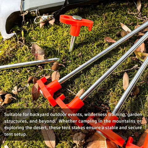 Beefy Heavy Duty Camping Tent Stakes 12 Pack With 7.1 Inch Rust Resistant Metal Pegs And Orange Rubber Sleeves on forest floor