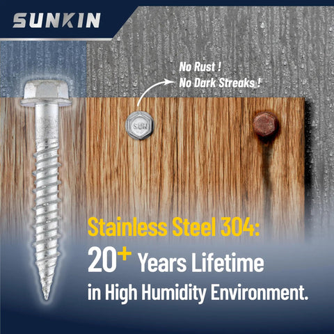 Bi Metal Masonry Screws Stainless 304 Self Tapping Size 14 X 1 5/8 Inch Hex Head Hardened Tip Installed in Wood and Concrete