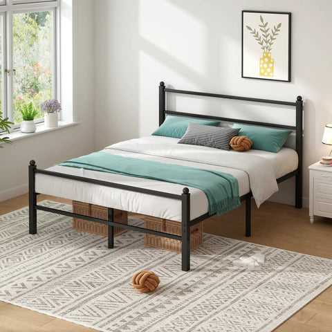 Built Like A Tank Metal Platform Bed Frame With Headboard And Footboard, 14 Inch Full Size Steel Slat Base, No Box Spring Required, Quiet Comfort With Ample Underbed Storage, No Fuss Assembly, Black in modern bedroom setting.