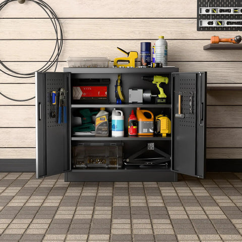 Sturdy Metal Garage Storage Cabinet With Pegboard Doors, Lockable Dual Doors, containing tools and supplies, compact black design