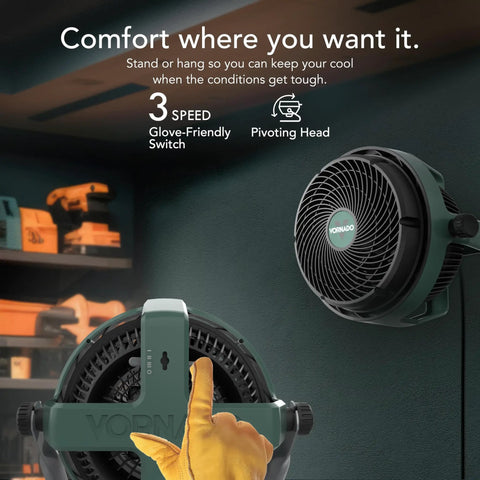 Exo61 Heavy Duty Air Circulator With 3 Speed Industrial Floor Blower Fan showing front and top view in a workshop setting