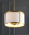 17 Inch Gold And White Metal LED Pendant Light With White Linen Drum Shade For Kitchen Island And Dining Room A Sleek Modern Transitional Ceiling Fixture That Brightens Your Space Includes Four LED Bulbs