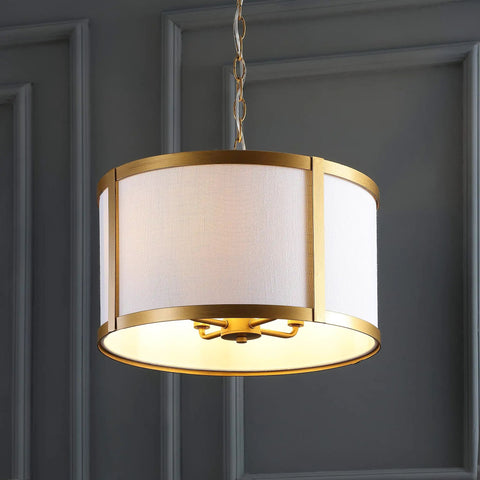 17 Inch Gold And White Metal LED Pendant Light With White Linen Drum Shade For Kitchen Island And Dining Room A Sleek Modern Transitional Ceiling Fixture That Brightens Your Space Includes Four LED Bulbs